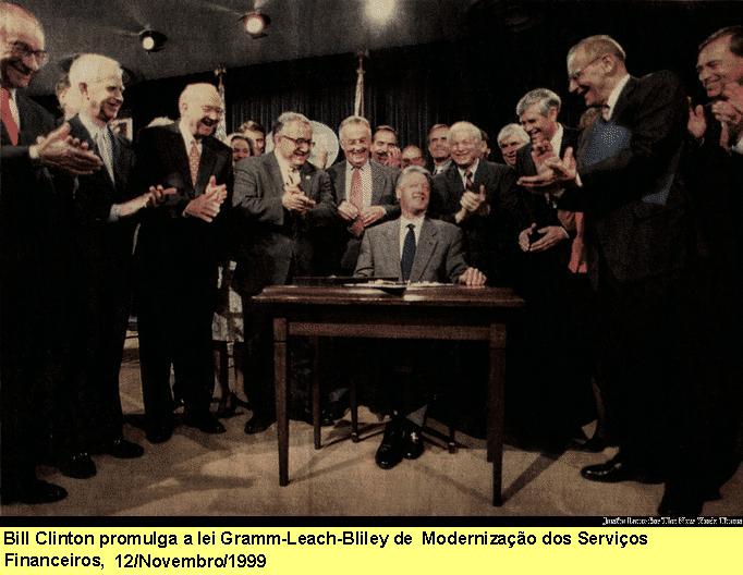 Bill Clinton
promulga a lei Gramm-Leach-Bliley, 12/Novembro/1999.