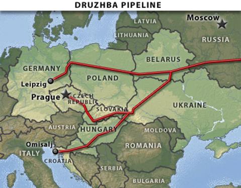 Mapa 3 - Sistema de pipelines Druzhba da R&uacute;ssia.
