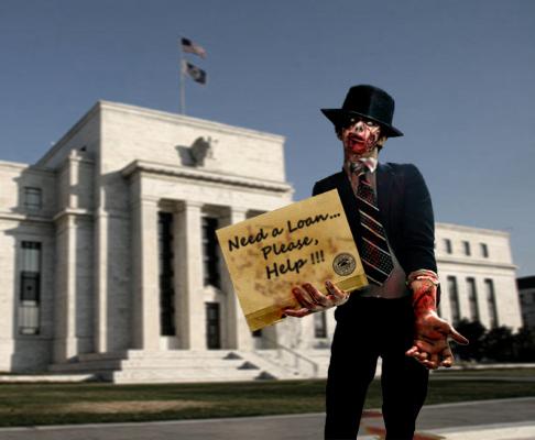 Banqueiro insolvente mendiga empr�stimos �s portas do Federal Reserve. Cartoon de Rui Pedro Fonseca.