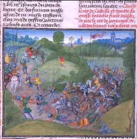 Batalha de Aljubarrota, em 14/Ago/1385. Imagem das 'Cronicas' de Jean Froissart, publicado em Bruges (Flandres) no s�culo XV. Clique para ampliar.