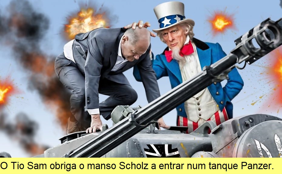 Scholz a entrar num Panzer.