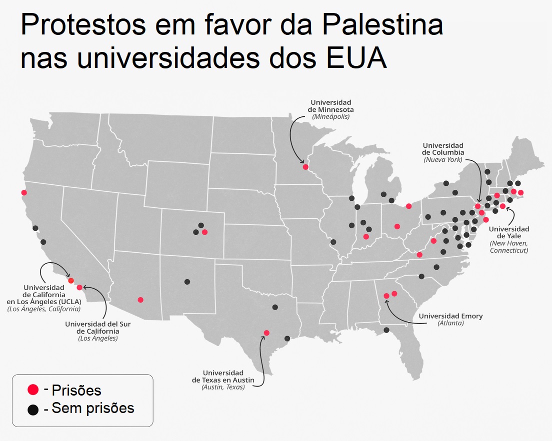 Protestos em universidades dos EUA contra o genocídio palestino.