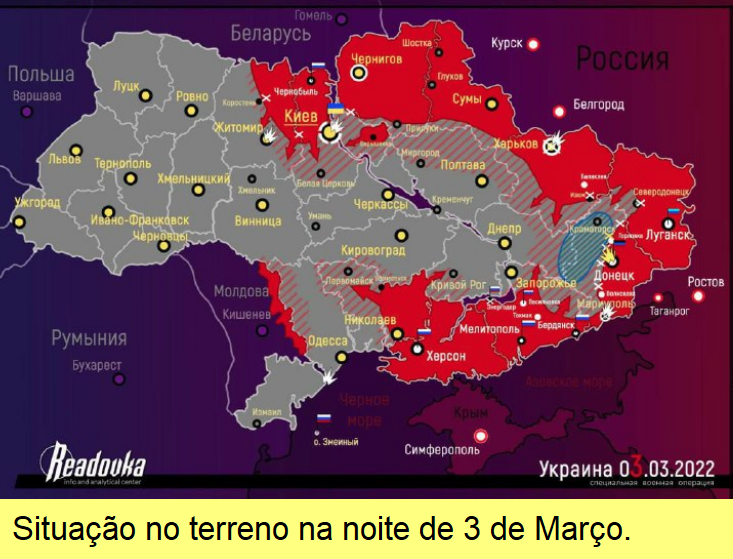 Mapa da situação em 3 de Março à noite.