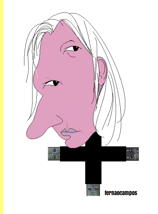 O imperialismo quer crucificar Assange, cartoon de Fernão Campos