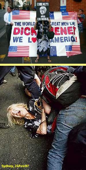 Agress�o policial aos manifestantes anti-Cheney.