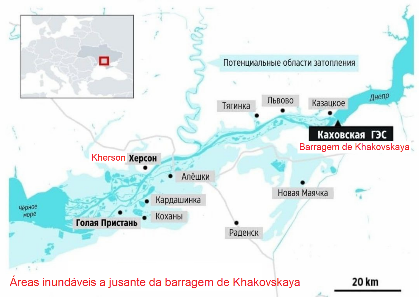 Áreas inundáveis a jusante da barragem de Khakovskaya.