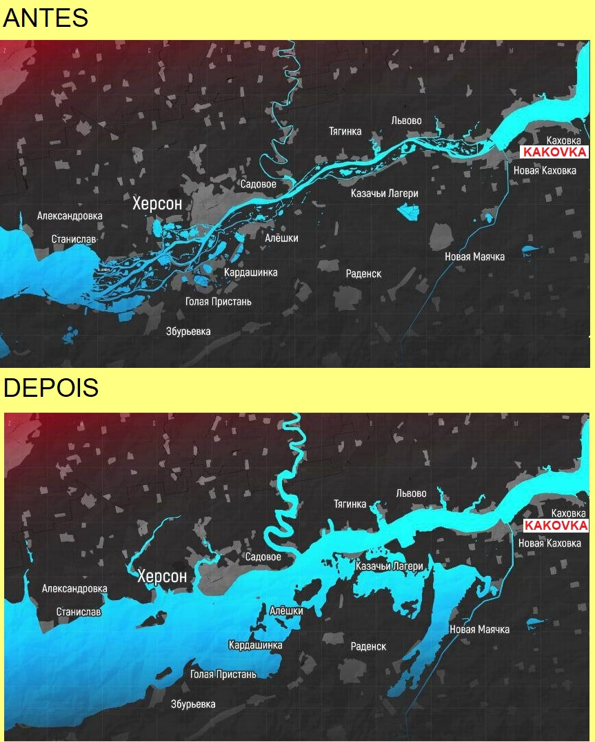 A inundação a jusante da Barragem de Kakovka.