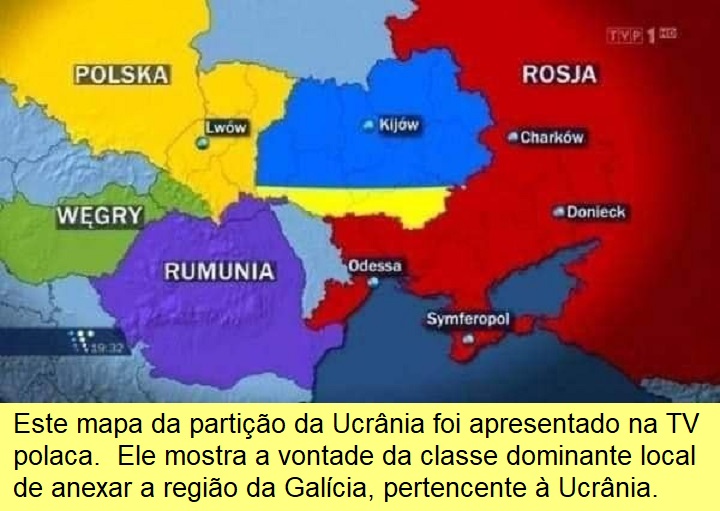 Mapa da partição da Ucrânia apresentado na TV polaca.