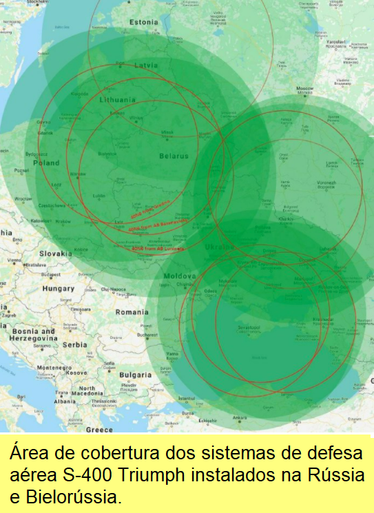 Área de cobertura dos sistemas de defesa aérea S-400 Triumph instalados na Rússia e Bielorússia.
