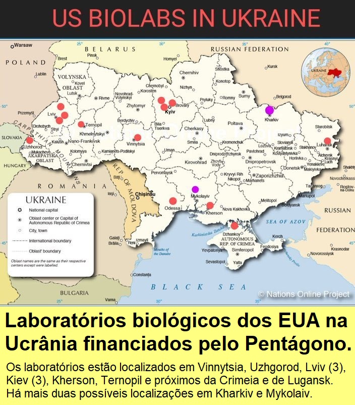 Mapa dos laboratórios biológicos do Dept. da Defesa dos EUA instalados na Ucrânia.