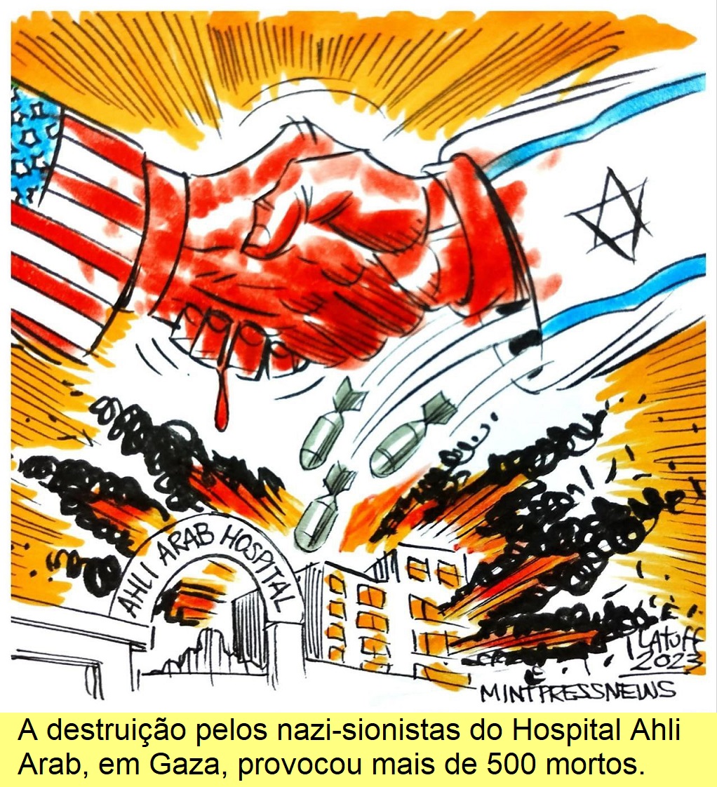 Ataque a hospital de Gaza, cartoon de Latuff.